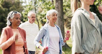 Buy stock photo Dumbbell, health and class with old woman in park for learning, walking march and fitness club. Weights, wellness and instructor with senior people for low impact workout and resistance training