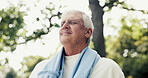 Thinking, breathe or elderly man in nature for fitness, fresh air or rest after physical activity. Wellness, bokeh or senior person with mindfulness, daydreaming or outdoor break in retirement hobby.