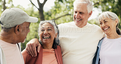 Buy stock photo Old people, fitness or laugh in park with hug, retirement friends or exercise joke for training support. Funny conversation, embrace or senior group with smile for humor, outdoor or workout together