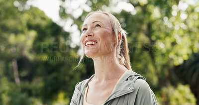 Buy stock photo Thinking, smile or woman in nature for fitness, fresh air or rest after physical activity. Wellness, bokeh or female person in forest with mindfulness, daydreaming or outdoor break in workout hobby.