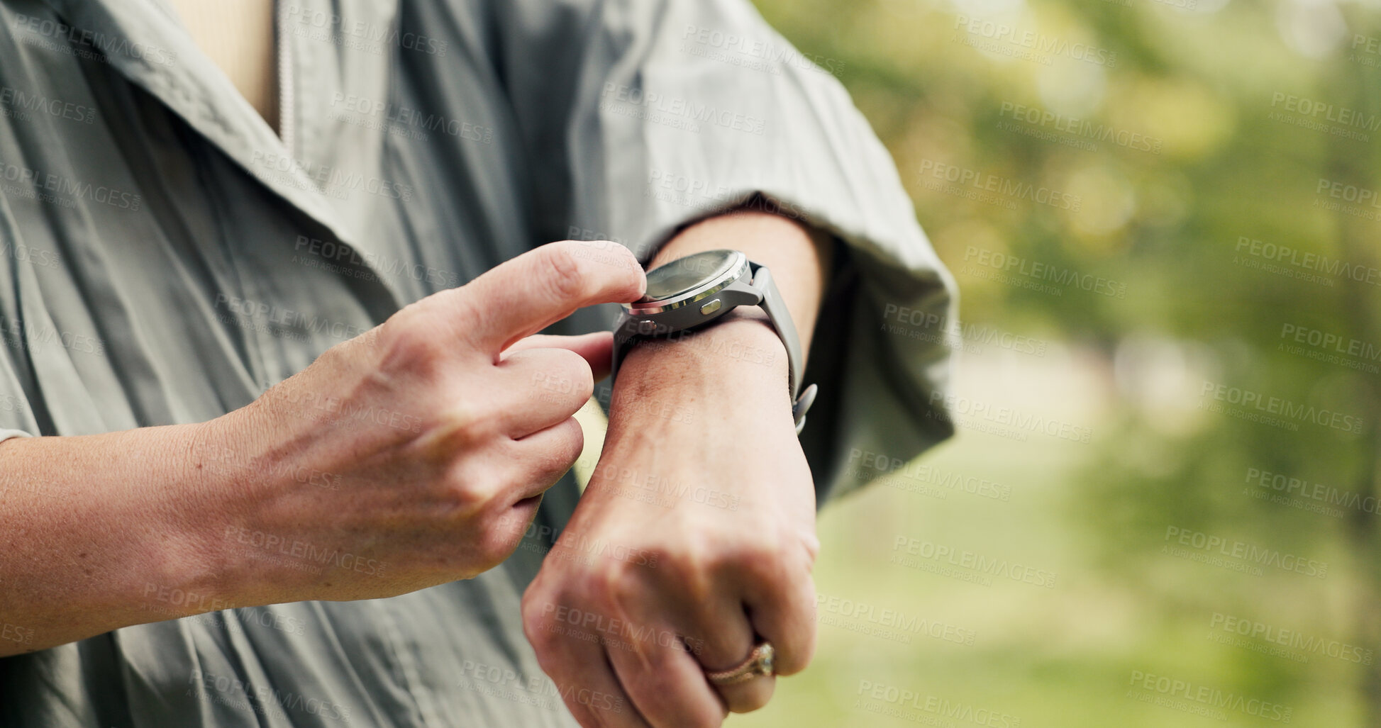 Buy stock photo Smart watch, touch or hands in nature for fitness, progress or performance update for workout. Digital, space or person outdoor with technology, cardio check or training track for wellness goals.