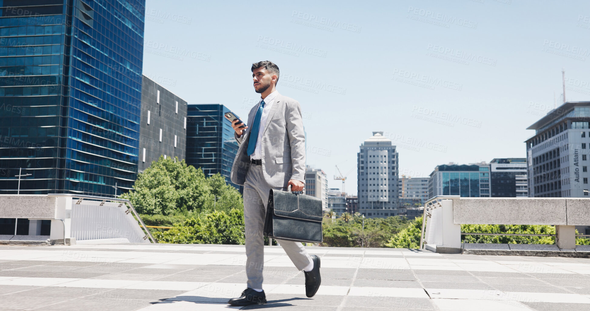 Buy stock photo Phone, walk and thinking with business man in city for communication, networking or travel. App, corporate person and direction with employee outdoor in urban town for morning commute or schedule