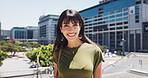 Happy, portrait and businesswoman in city, travel and confident for career development or commuting. Outdoor, employee and mature person with smile for job opportunity, trip and excited on first day