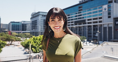 Buy stock photo Happy, portrait and businesswoman in city, travel and confident for career development or commuting. Outdoor, employee and mature person with smile for job opportunity, trip and excited on first day