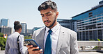 Phone, walk and message with businessman in city for communication, networking or travel. App, corporate person and direction with employee outdoor in urban town for morning commute or schedule