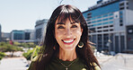 Excited, portrait and businesswoman in city, travel or happiness for career development or confident. Outdoor, employee and mature person with smile for job opportunity and commuting on first day