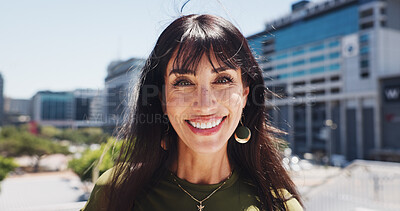 Buy stock photo Excited, portrait and businesswoman in city, travel or happiness for career development or confident. Outdoor, employee and mature person with smile for job opportunity and commuting on first day