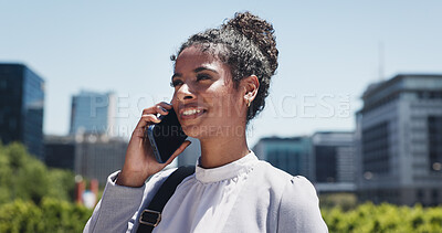 Buy stock photo Phone call, thinking and business woman in city for conversation, discussion and networking. Morning commute, travel and person on smartphone for connection, communication and contact in town