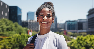 Buy stock photo Architect, portrait or black woman in city with happiness, experience or pride in urban development. Smile, career or site planner in town with confidence, about us or job goals in project management