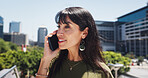 Phone call, smile and business woman in city for conversation, discussion and networking. Morning commute, travel and professional person on smartphone for connection, talking and contact in town
