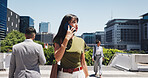 Phone call, walk and business woman in city for conversation, discussion and networking. Morning commute, travel and professional person on smartphone for connection, talking and contact in town