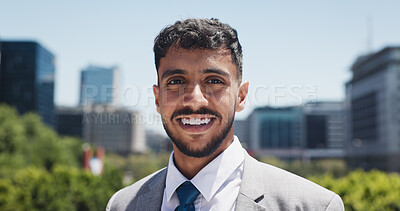 Buy stock photo Architect, portrait and Indian man in town with smile, experience and pride in urban development. Happy, space and site planner in city with confidence, about us or job goals as civil engineer.