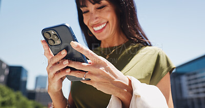 Buy stock photo Phone, hands and business woman in city for travel, messages and networking. Morning commute, communication and professional person on smartphone for connection, notifications and contact in town