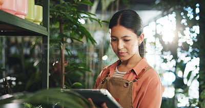 Buy stock photo Plant, inspection and tablet with woman in nursery for quality control, botany specialist or entrepreneur. Small business, garden inventory and digital checklist with person for eco friendly supplier