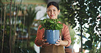 Portrait, plant and nursery with woman in store for growth specialist, ecommerce and entrepreneur. Environment, florist and small business with person in shop for gardening expert and botany