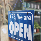 Store, open and notice on front door with sign, information and entry ...