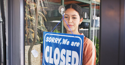 Buy stock photo Entrepreneur, woman or closed sign by shop door, service communication or trading hour info for customer. Gardening center, availability message or business owner with board, storefront or end of day