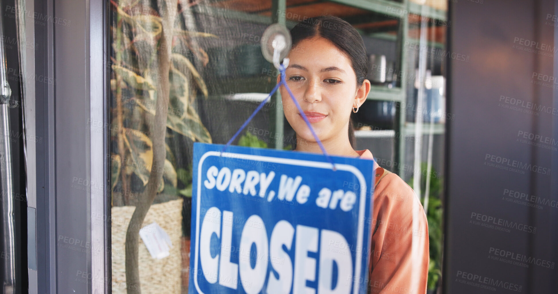 Buy stock photo Entrepreneur, woman or closed sign by shop door, service communication or trading hour info for customer. Gardening center, availability message or business owner with board, storefront or end of day