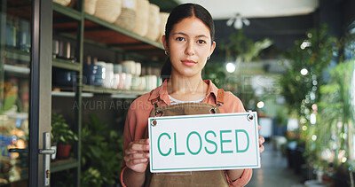 Buy stock photo Entrepreneur, closed sign or portrait of woman by nursery door, service communication or info for customer. Garden center, availability message or business owner by entrance, notice board or day end