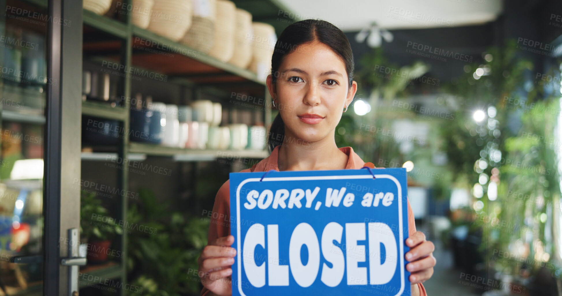 Buy stock photo Business owner, closed sign or portrait of woman by nursery door, service communication or info for customer. Garden center, availability message or entrepreneur by entrance, notice board or day end
