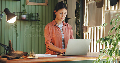 Buy stock photo Laptop, typing and plant with woman in store for delivery checklist, email and botany review. Order confirmation, sustainability and entrepreneur with person and tech in eco friendly small business