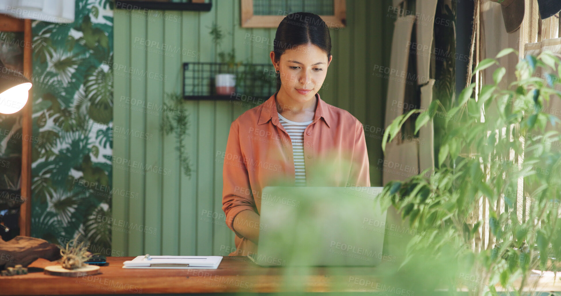 Buy stock photo Research, laptop and plant with woman in store for delivery checklist, email or botany review. Order confirmation, sustainability and entrepreneur with person and tech in eco friendly small business