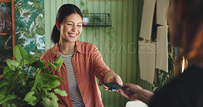 Buy stock photo Woman, POS machine and credit card at nursery for payment, easy transaction and discount deal. Sustainable small business, cashier and customer with fintech for contactless sale or digital purchase