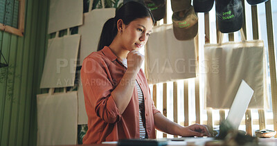 Buy stock photo Thinking, laptop and plant with woman in store for delivery checklist, email and botany. Order confirmation, sustainability and entrepreneur with person and vision in eco friendly small business
