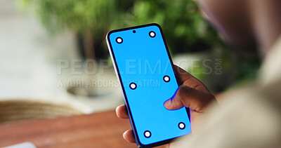 Buy stock photo Green screen, phone and hands of florist in store for social media promotion, botany app and contact. Mockup space, sustainability website and communication with person and tech in startup for search