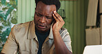 Black man, stress or headache in sustainable business for error, order mistake or anxiety. Flower shop, frustrated entrepreneur or tech in startup with migraine, bankruptcy risk or website glitch