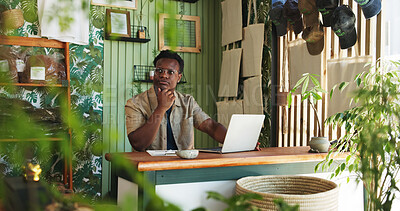 Buy stock photo Laptop, thinking and plant with black man in store for delivery checklist, account report and botany vision. Order planning, ecommerce and florist reflection with person in small business for idea