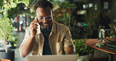 Buy stock photo Laptop, phone call and plant with black man in store for delivery checklist, contact and botany review. Order confirmation, communication and entrepreneur with person and tech in small business