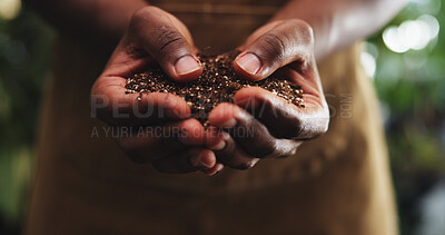 Buy stock photo Soil, dirt and growth with hands in store for ph level inspection, environmental care or gardening check. Sustainability, organic fertilizer and compost with person and sand for quality assurance