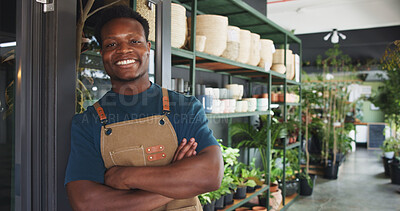 Buy stock photo Black man, portrait and happy in sustainable business with confidence, botany and eco friendly career. Entrepreneur, arms crossed and smile in nursery with pride, consultant and startup garden center