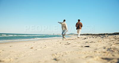 Buy stock photo Walking, pointing and back of friends at beach for summer vacation, adventure and ocean view. Travel holiday, space and seaside trip with people outdoor for bonding, getaway and peace together