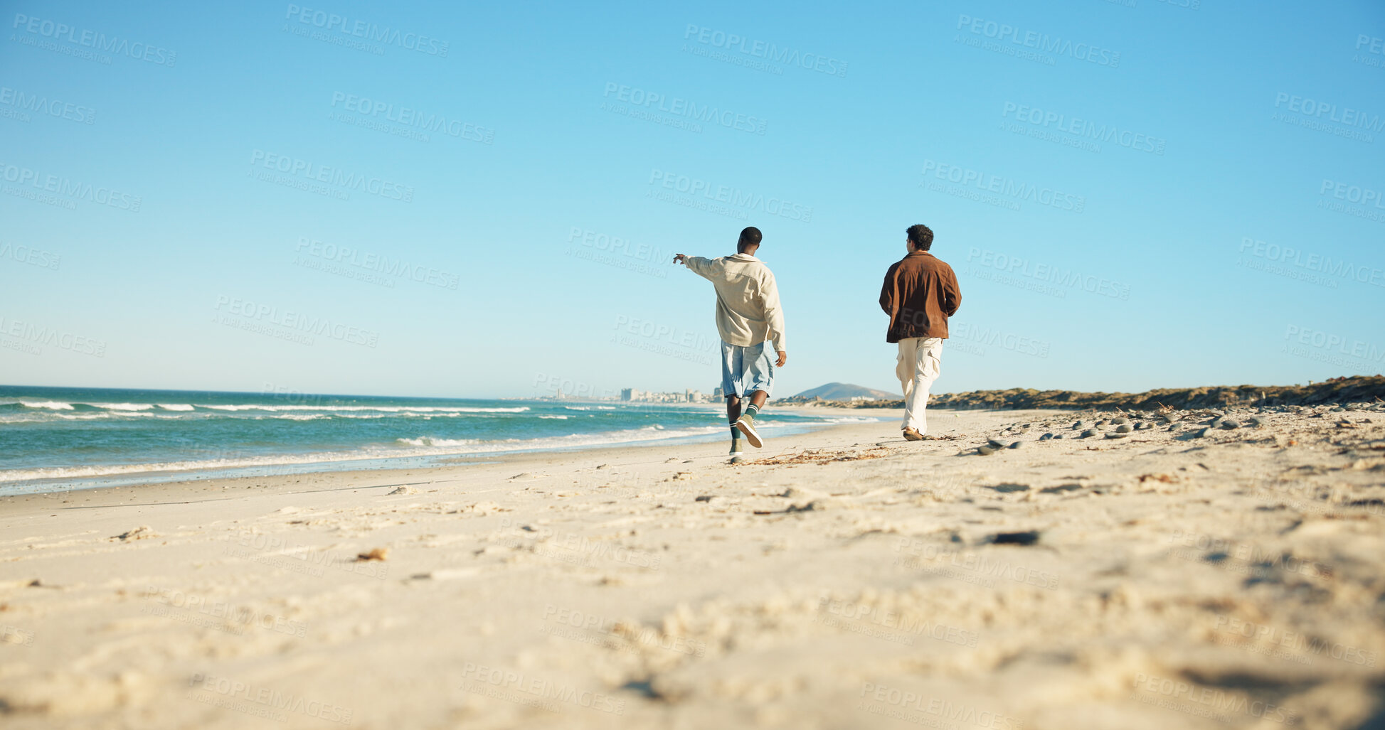Buy stock photo Walking, pointing and back of friends at beach for summer vacation, adventure and ocean view. Travel holiday, space and seaside trip with people outdoor for bonding, getaway and peace together