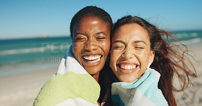 Buy stock photo Smile, travel and portrait of friends at beach for summer vacation, hug and tropical adventure. Happy, holiday trip and bonding with women outdoor for getaway, towel cover and support together