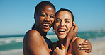 Smile, travel and portrait of friends at beach for summer vacation, hug and tropical adventure. Happy, holiday trip and bonding with women outdoor for getaway, social reunion and support together