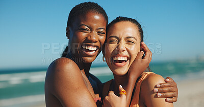 Buy stock photo Smile, travel and portrait of friends at beach for summer vacation, hug and tropical adventure. Happy, holiday trip and bonding with women outdoor for getaway, friendship and support together