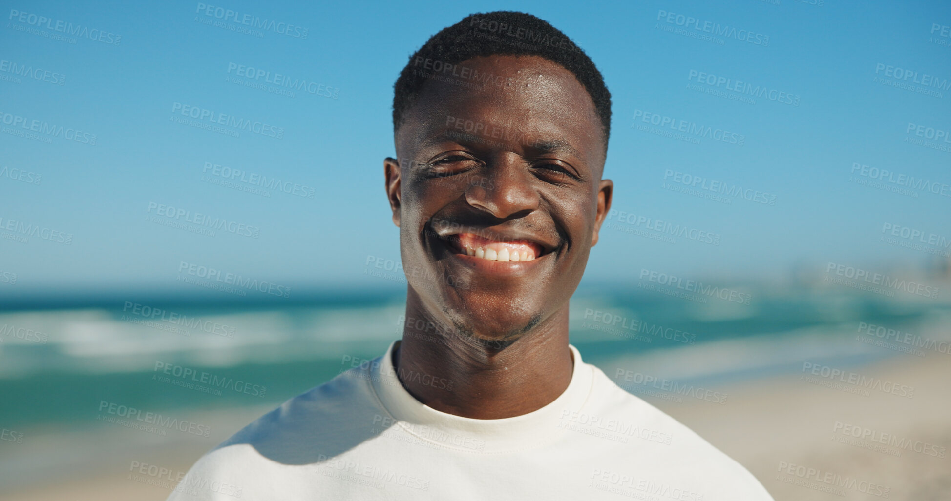 Buy stock photo Fitness, black man and smile on beach for portrait, self care and exercise break with confidence. Person, happy and workout rest at ocean for wellness, outdoor training and cardio on Nigeria coast