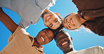 Portrait, circle and people outdoor for support, community growth and diversity with blue sky. Below, friends and happy in huddle for bonding, social gathering and hug for relationship development