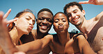 People, friends and selfie on beach for travel, social media update and happy memory. Men, women and pout in photography POV for summer vacation, outdoor portrait and holiday reunion with peace sign