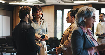 Buy stock photo Happy, business people and networking at convention with discussion for workshop, expo and career growth. Seminar, group and talking for professional connection, collaboration and tradeshow feedback.