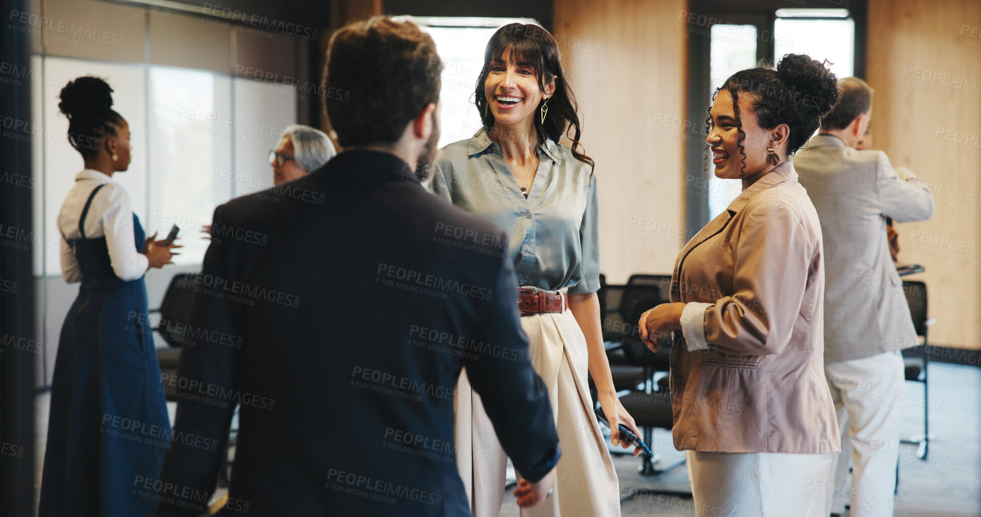 Buy stock photo Talking, networking and business people with smile, seminar and introduction with media conference. Publishing industry, crowd or employees in meeting, discussion and information for creative project