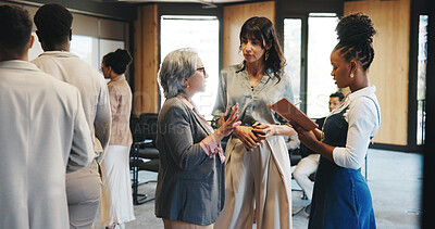 Buy stock photo Talking, networking and business people at seminar, feedback and intro with media conference. Publishing industry, event review or advice in meeting, discussion and information for creative expo