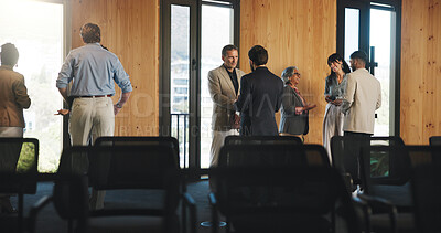 Buy stock photo Conference, people and discussion for venture, networking and partnership for global trade at event. Group, talking and plan for foreign investment, colleagues and collaboration in seminar or meeting