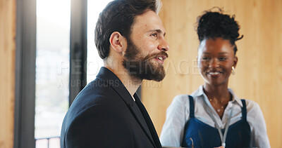 Buy stock photo Speaker, business and man with smile, conference and feedback for profit increase. Employees, presenter and mentor with advice, seminar and discussion with communication, info session or sales growth