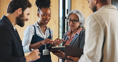 Buy stock photo Business people, talking and networking at convention with tablet for workshop, expo and career growth. Seminar, group and discussion with tech for connection, collaboration and tradeshow feedback.