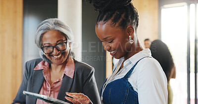 Buy stock photo Business people, talk and plan in office with tablet for marketing campaign, project and mentorship. Happy, team and discussion in workplace with tech, advertising proposal and professional training.