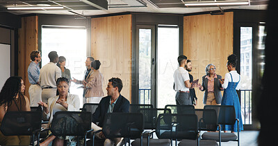 Buy stock photo Business people, meeting or group in lobby for seminar, upskill workshop or corporate training conference. Colleagues, employees and conversation in foyer for professional development at convention